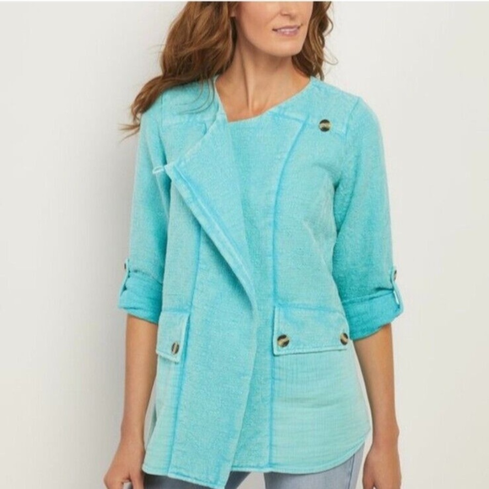 NWT Soft Surroundings Urban Escape Topper Jacket Blue Pockets Women Size M (A6)